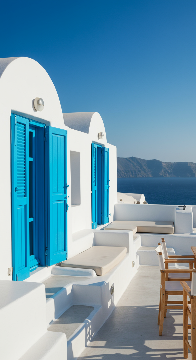 Weiß getünchte Terrasse im griechischen Stil mit blauen Fensterläden und Meerblick.