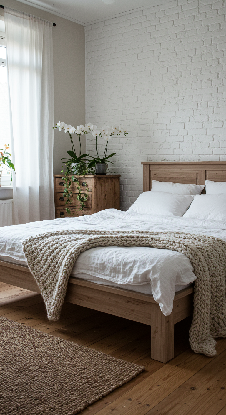 Helles Schlafzimmer mit weißer Backsteinwand, Holzbett und grob gestrickter Tagesdecke.