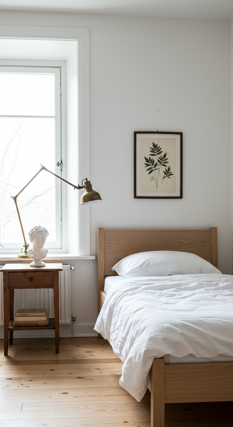 Helles Schlafzimmer mit Holzbett, weißer Wand, Büste und botanischem Druck.
