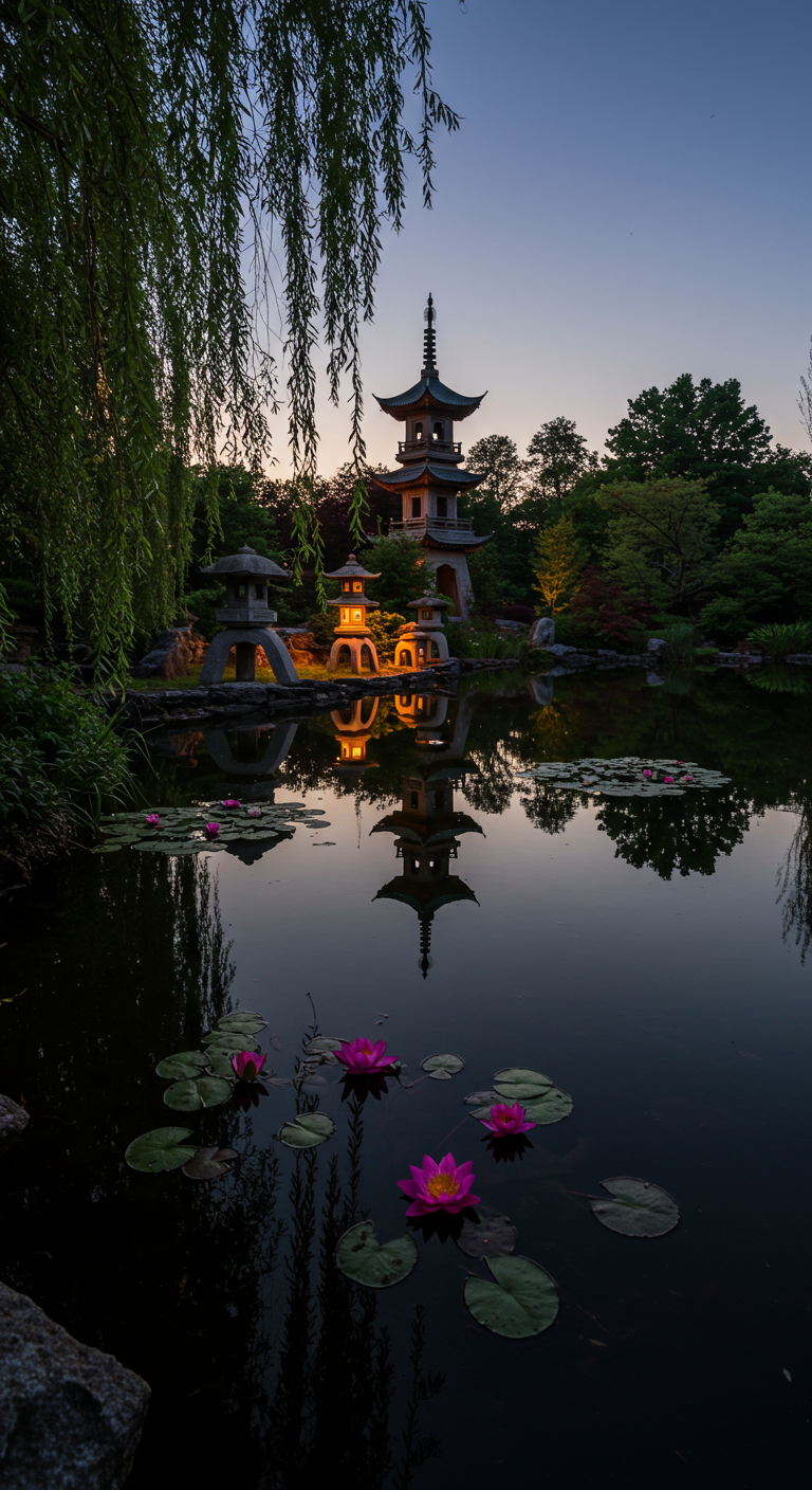 Ein Teich bei Dämmerung, der eine Pagode und leuchtende Laternen spiegelt.