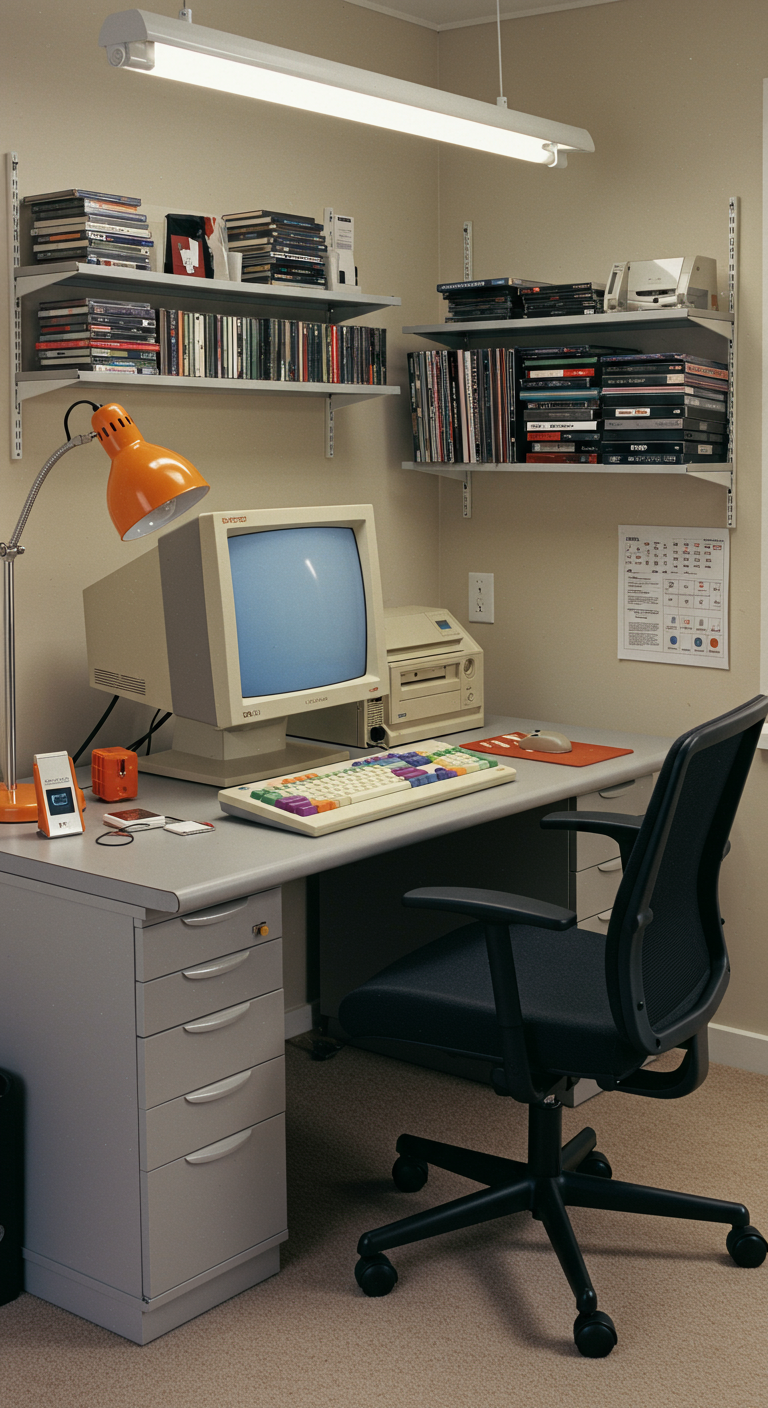 Schreibtisch im Stil der 2000er mit altem Computer, Tastatur und CD-Regalen.