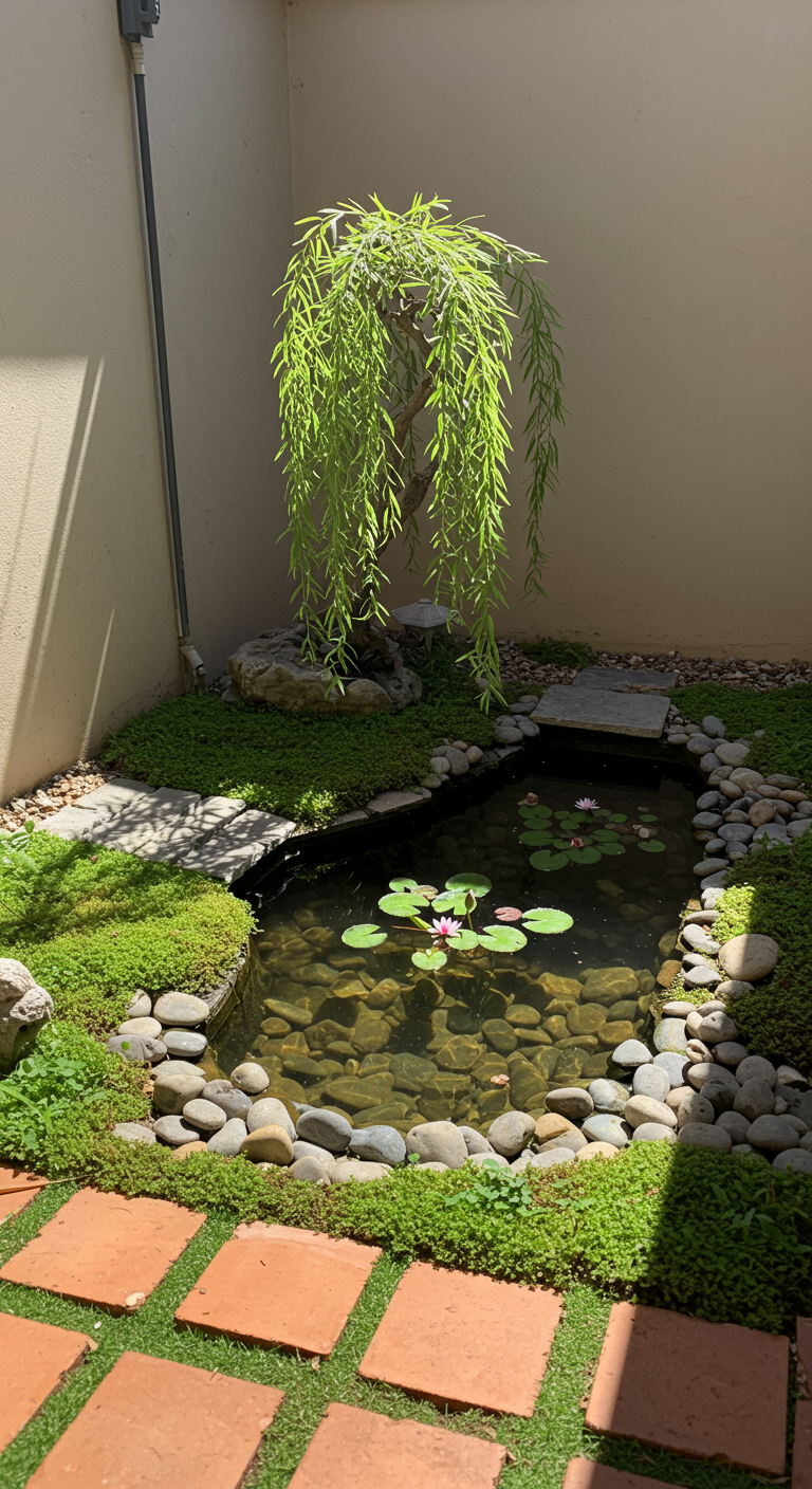 Kleiner Gartenteich mit Seerosen, Miniatur-Trauerweide, Kieseln und Terrakotta-Pfad.