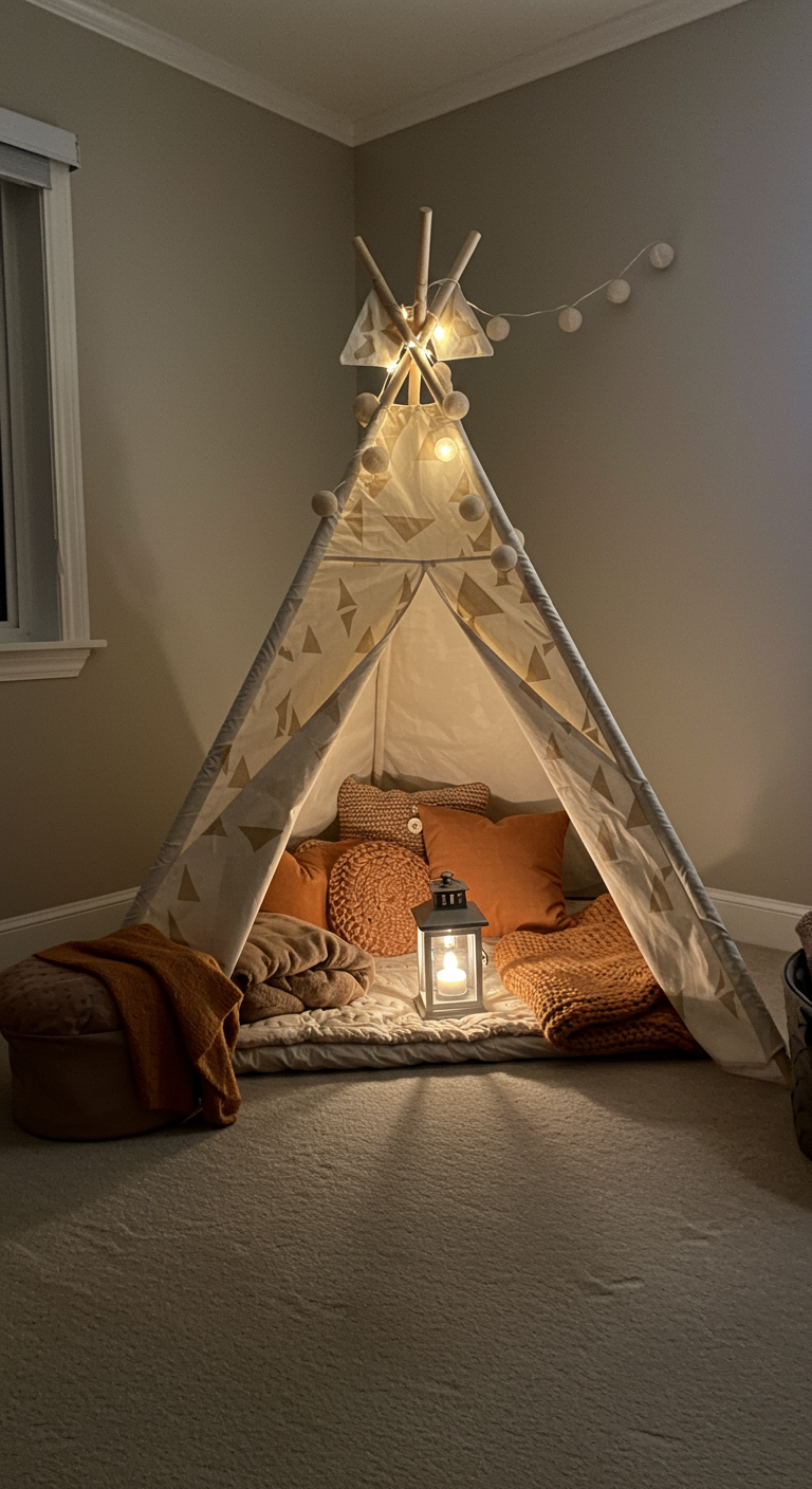 Beleuchtetes Tipi-Zelt mit Kissen und Decken im Kinderzimmer.