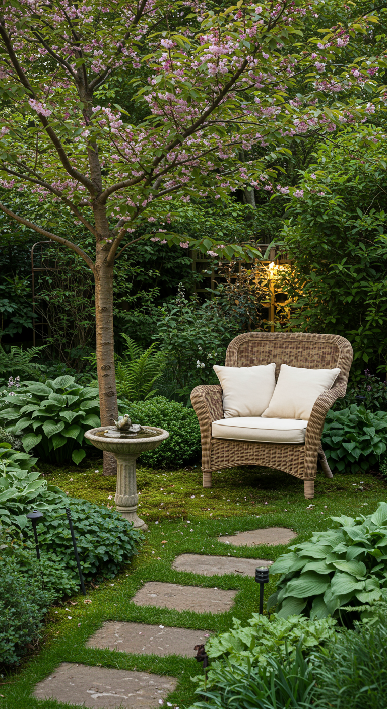 Korbsessel mit Kissen unter blühendem Kirschbaum, umgeben von Farnen und Hostas.