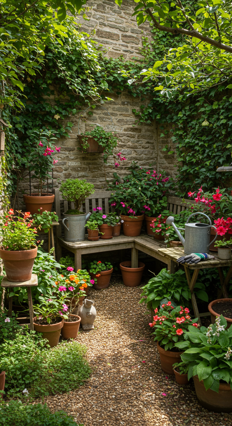 Kleine, verwinkelte Gartenecke mit Steinmauer, Efeu, Holzbank und vielen Terrakotta-Töpfen.