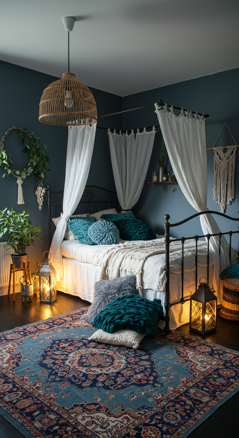 Boho-Schlafzimmer in Petrolblau mit Himmelbett, Laternen und Ethno-Teppich.
