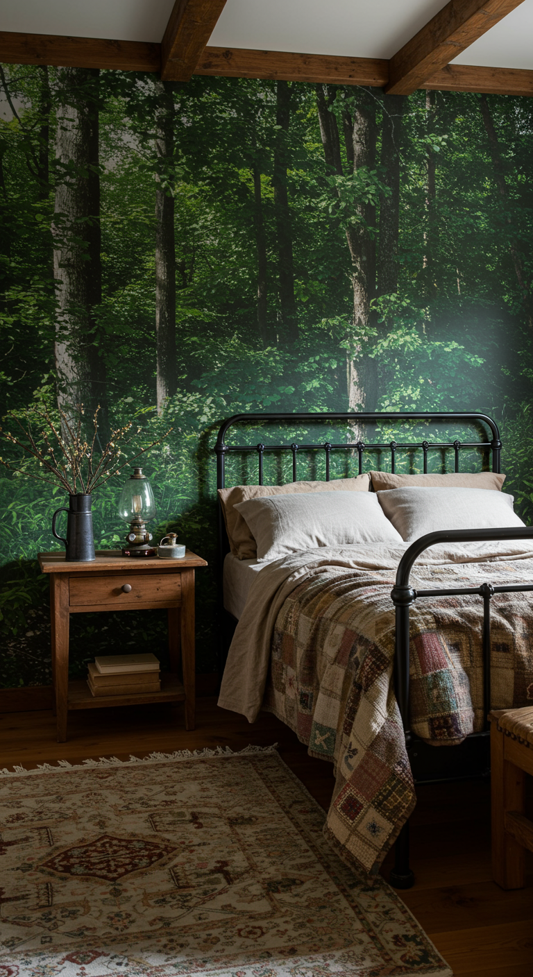 Schlafzimmer mit einer Fototapete, die einen dichten Wald zeigt.