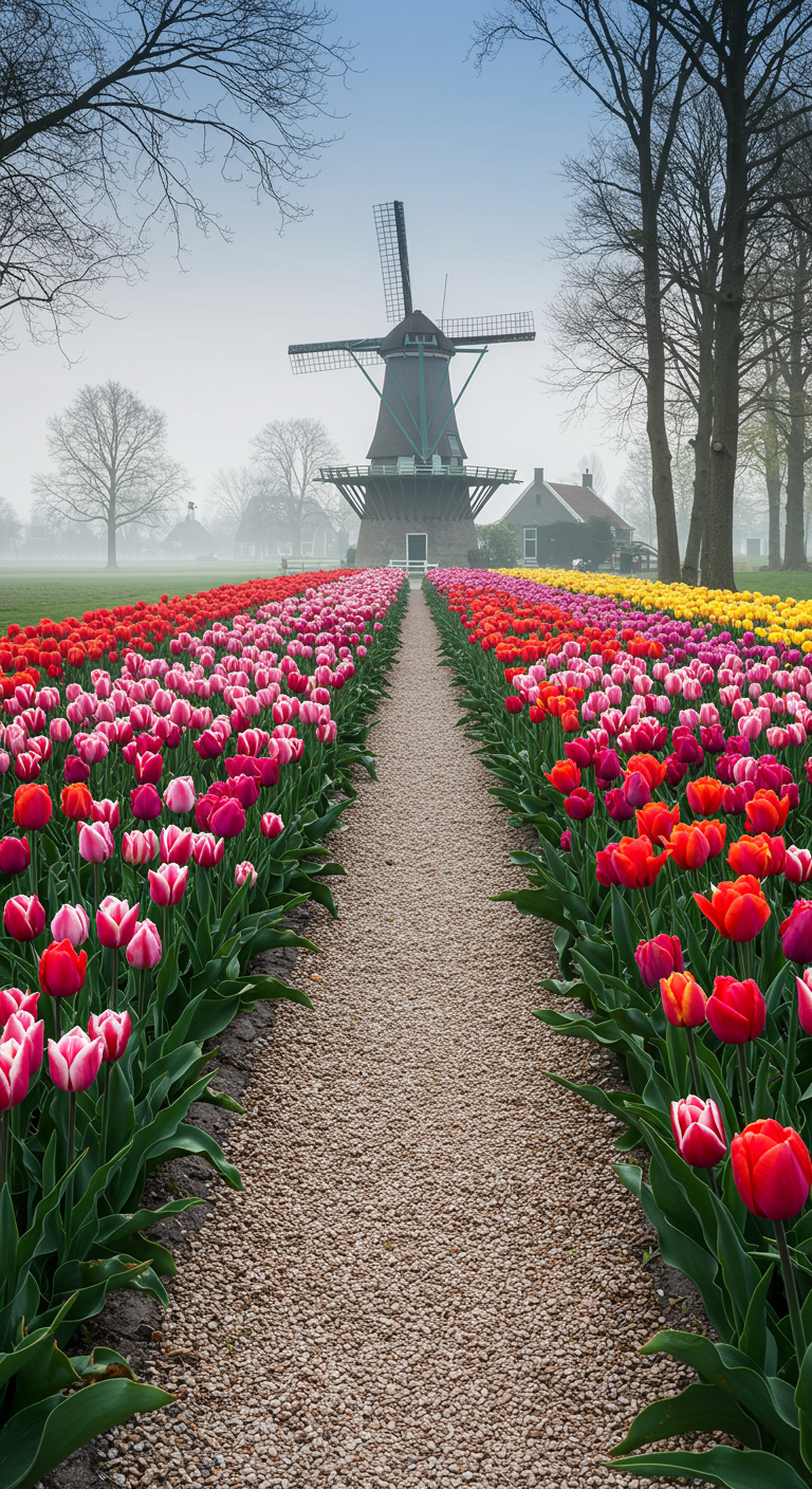 Kiesweg zwischen bunten Tulpenfeldern führt zu einer Windmühle.