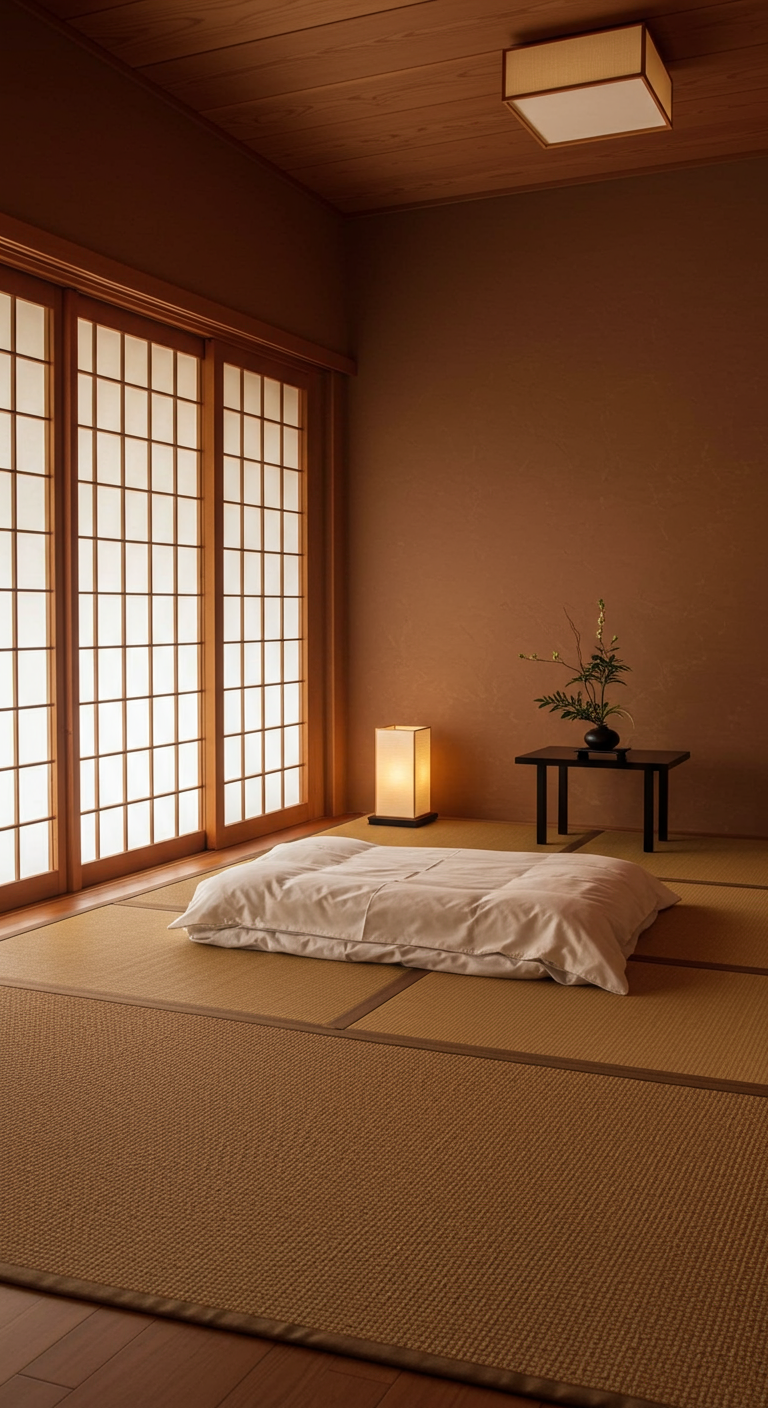 Minimalistisches Schlafzimmer im japanischen Stil mit Futon und Shoji-Wand.