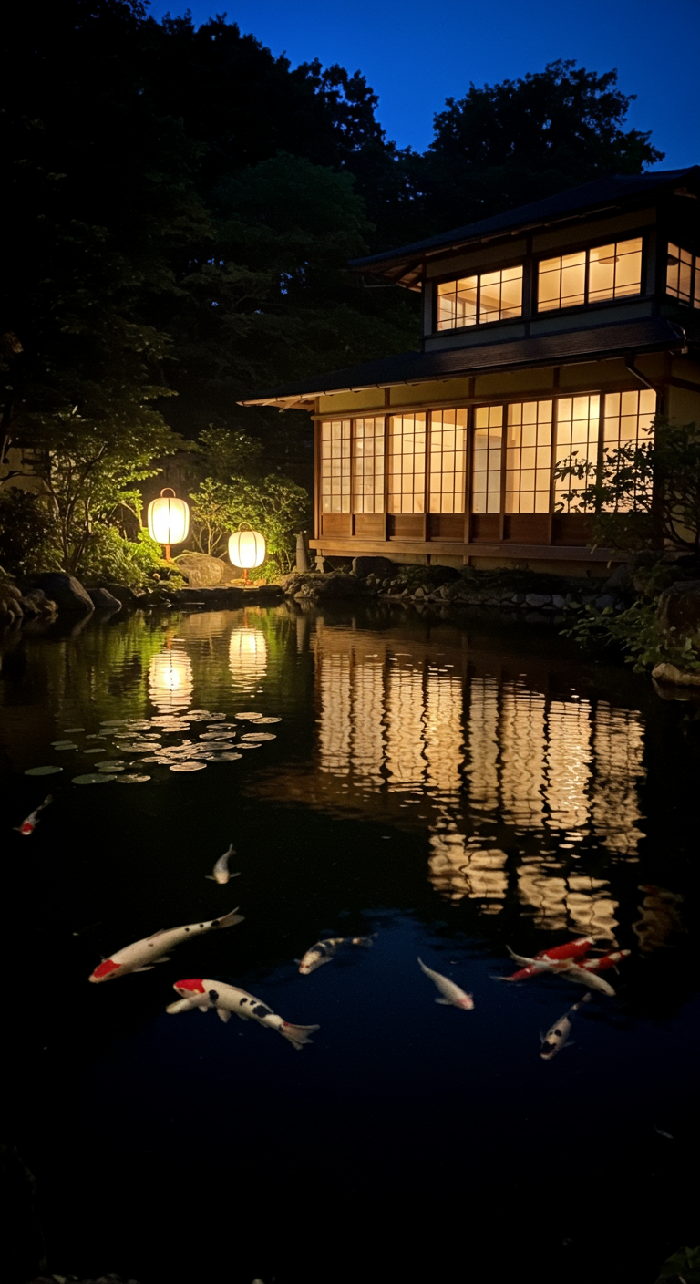 Koiteich bei Nacht mit Laternenlicht und Spiegelung eines japanischen Hauses.