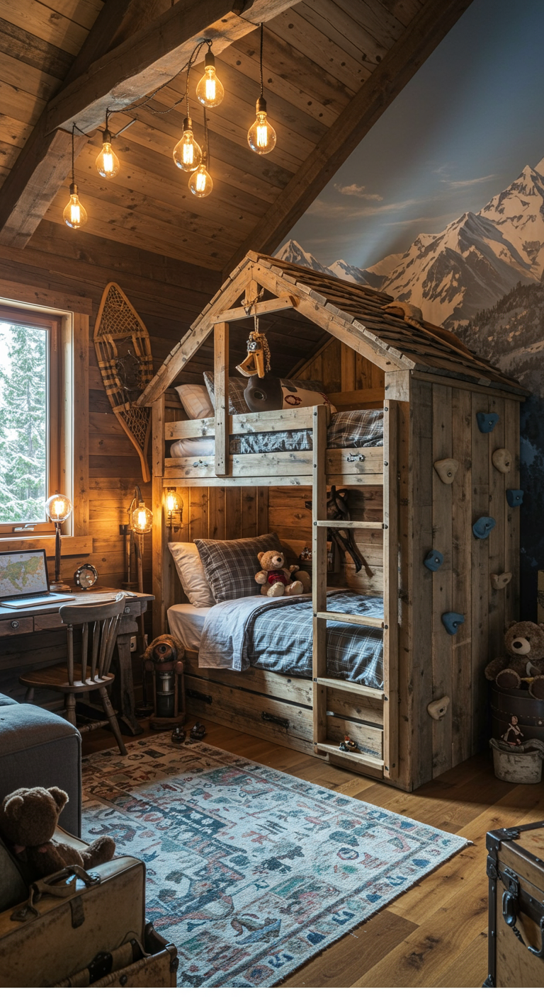 Kinderzimmer mit Etagenbett im Hüttenstil und Bergpanorama-Tapete.