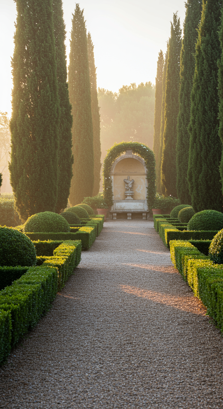 Formaler Gartenweg mit Kies, gesäumt von Buchsbaumhecken und Zypressen.