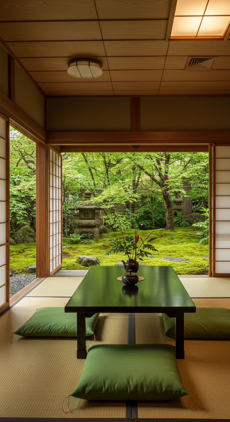 Traditioneller japanischer Raum mit Tatami, niedrigem Tisch, grünen Kissen und Gartenblick.