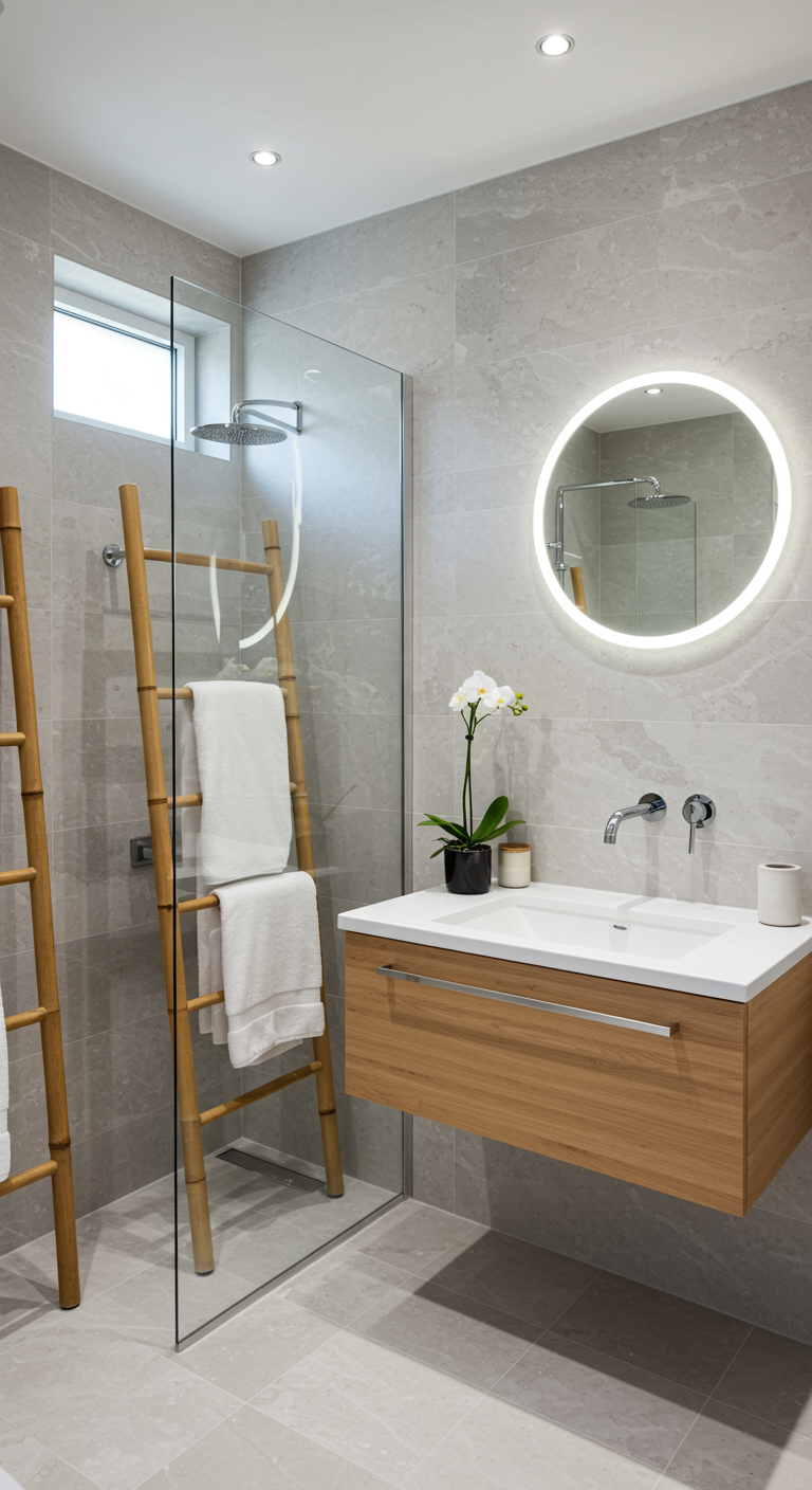 Modernes Badezimmer mit Holzakzenten, Glasdusche und Bambus-Handtuchleiter.