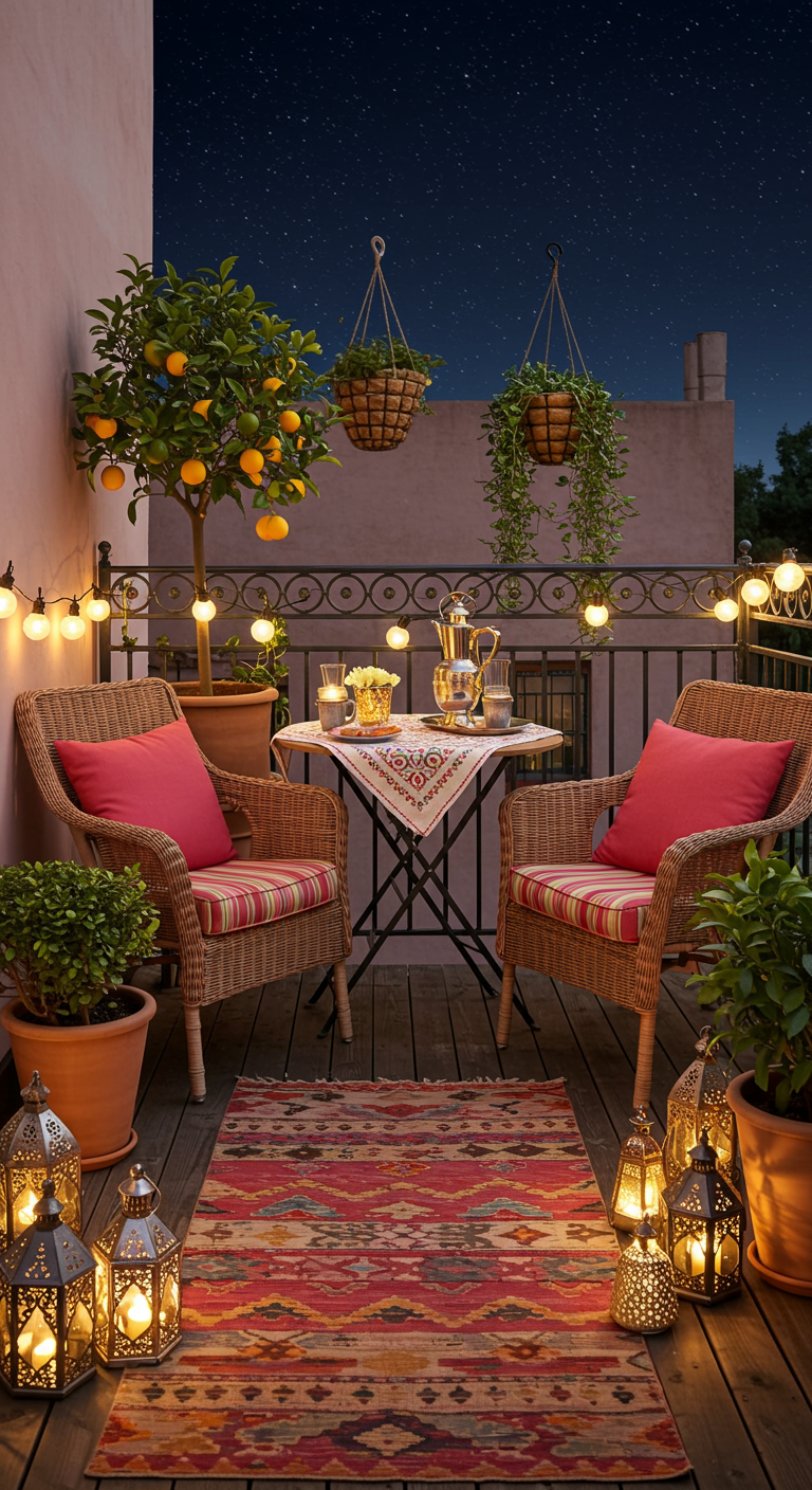 Kleiner Balkon mit Korbsesseln, Laternen und Orangenbaum.