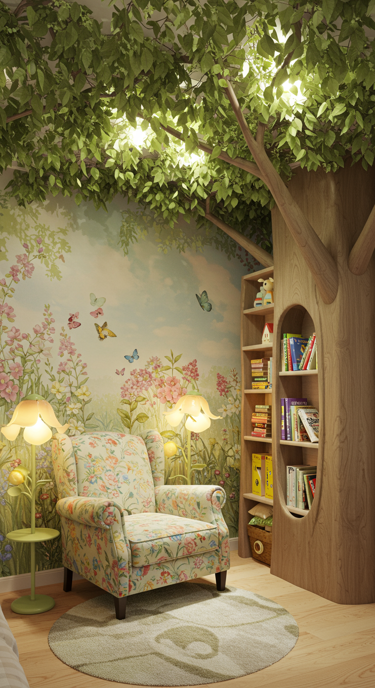 Leseecke im Kinderzimmer mit Blumensessel und Baum-Bücherregal.