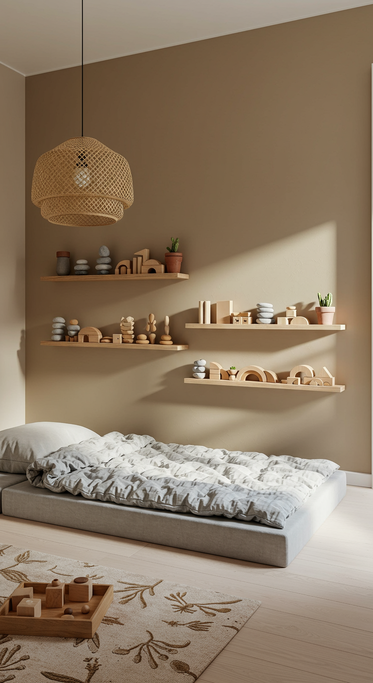 Minimalistisches Kinderzimmer mit Bodenbett und Holzspielzeug auf Regalen.