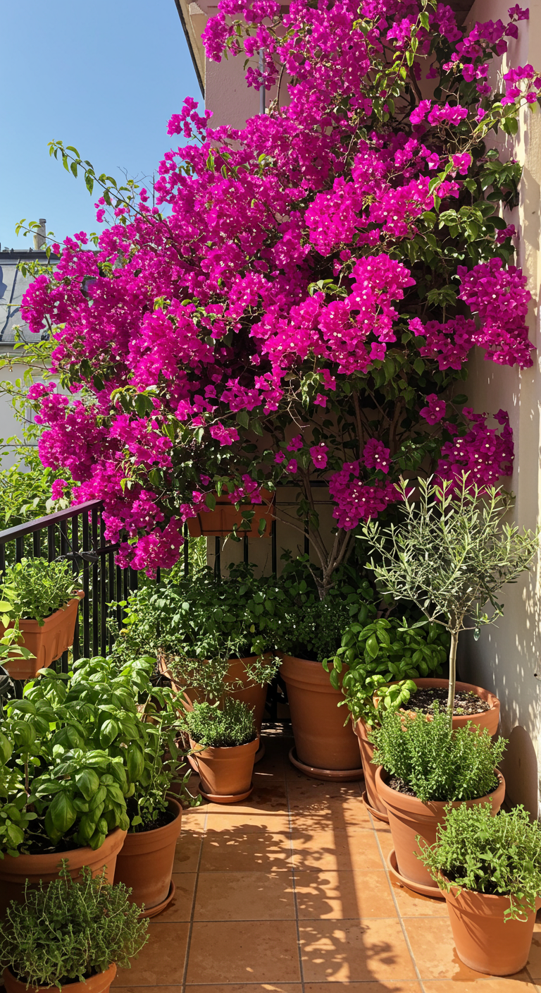 Sonniger Balkon mit üppiger pinker Bougainvillea, Kräutern und Olivenbaum in Terrakotta-Töpfen.