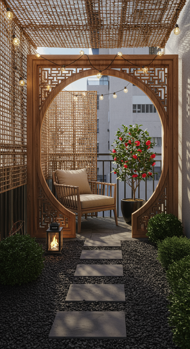 Balkon mit rundem Mondtor aus Holz, Sitzbereich und Laterne.