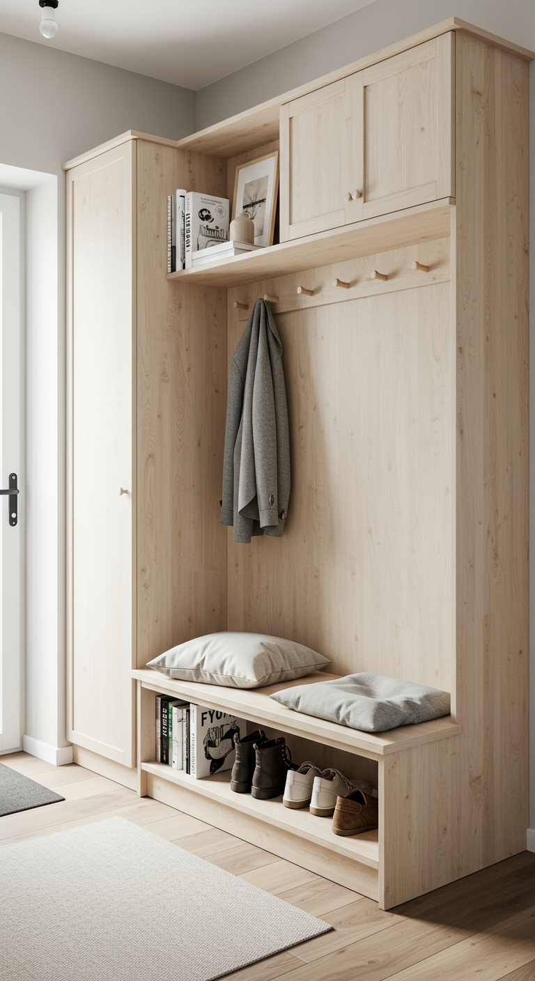 Dunkler Konsolentisch mit Bücherstapeln, Lampe, Schal und kleinem Teppich.