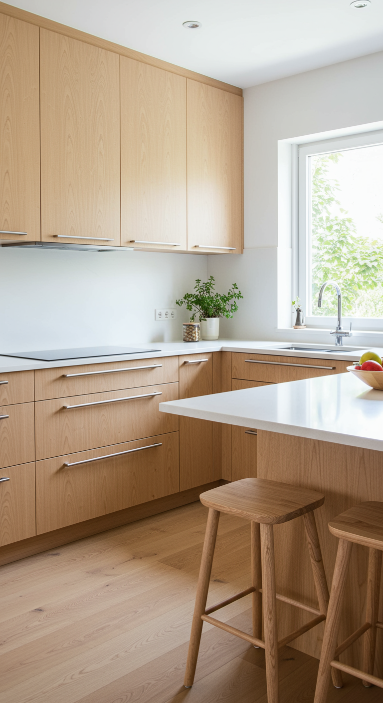 Helle Holzküche mit Fenster über Spüle und Barhockern an kleiner Theke.
