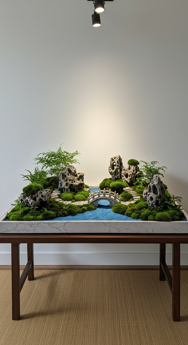Miniatur-Gartenlandschaft auf einem Tisch in einem Marmorbehälter mit Felsen, Moos und Brücke.