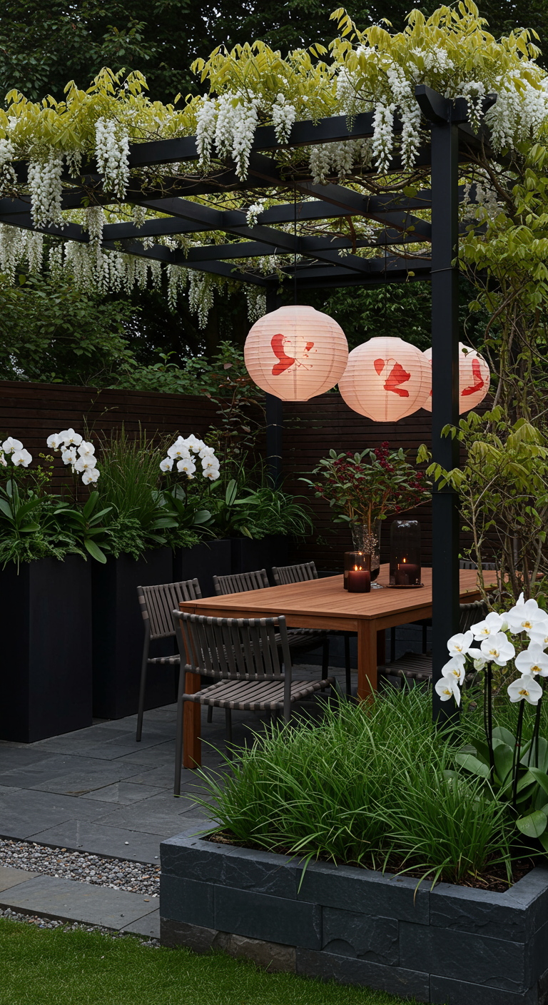 Essbereich unter Pergola mit chinesischen Lampions, Wisteria und Orchideen.