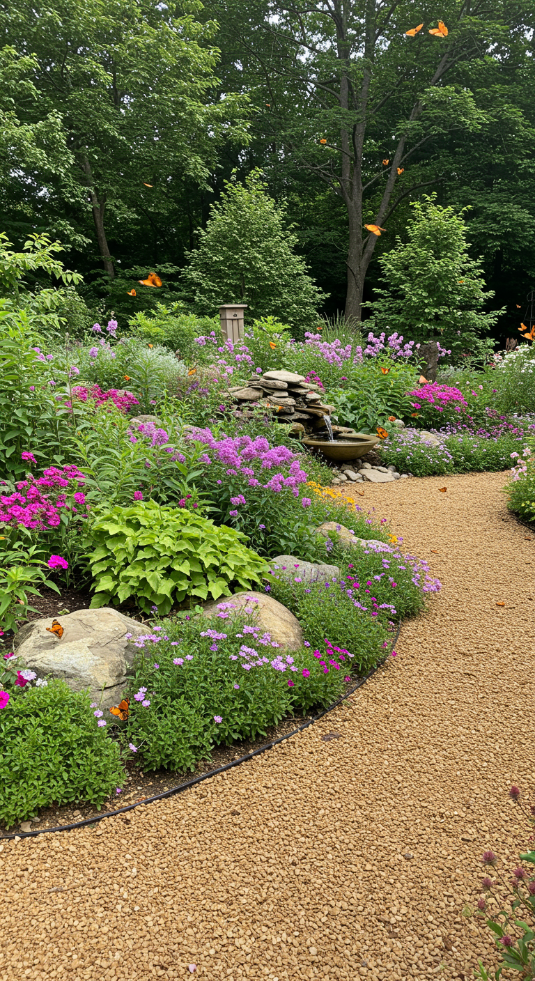Blühender Schmetterlingsgarten mit Kiesweg und kleinem Steinbrunnen, viele Schmetterlinge.