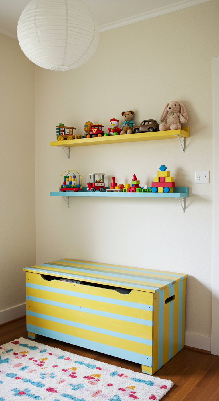 Kinderzimmerecke mit gelb-blau gestreifter Spielzeugkiste und bunten Regalen.
