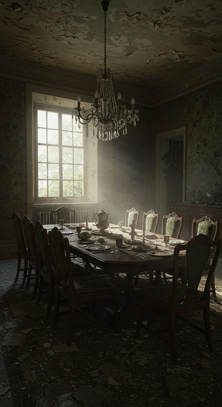 Verlassener Speisesaal mit Kronleuchter und Sonnenlicht.
