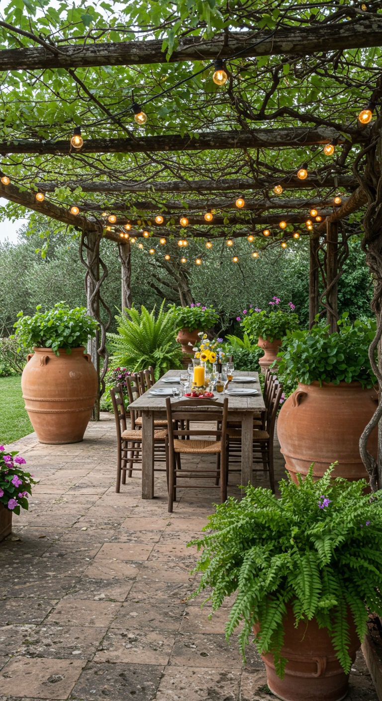 Essbereich unter Pergola mit Holztisch, umrahmt von großen Terrakotta-Amphoren mit Farnen.