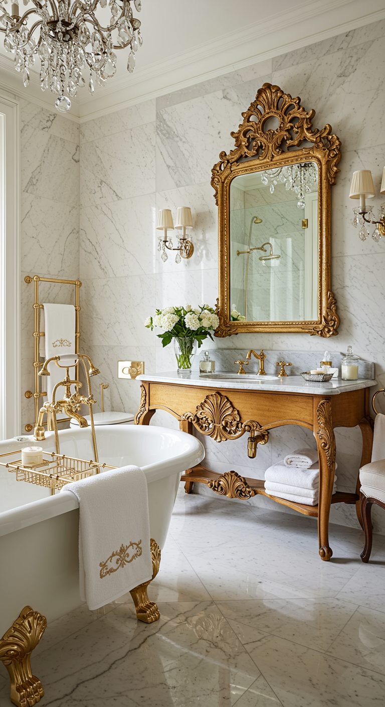 Luxuriöses Badezimmer mit freistehender Wanne, Goldakzenten und Marmor.