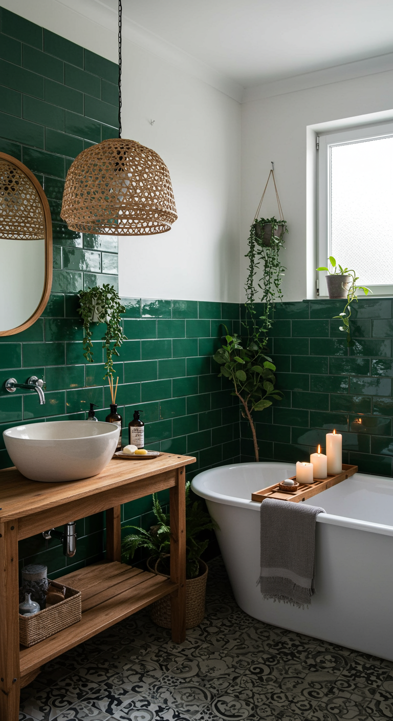 Badezimmer mit grünen Fliesen, Holztisch, Pflanzen und Vintage-Elementen.