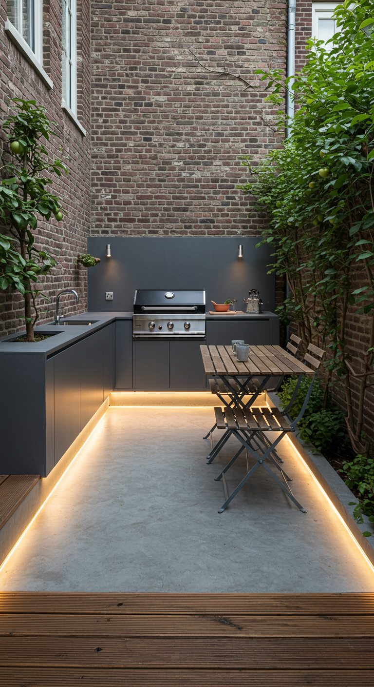 Moderne Outdoor-Küche mit Grill, Tisch und indirekter Beleuchtung im Hinterhof.