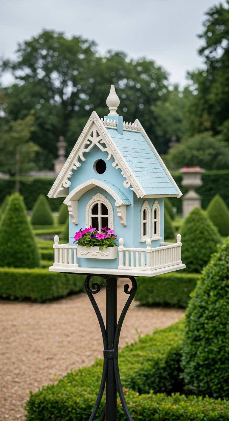 Himmelblaues Vogelhaus im viktorianischen Stil mit weißem Balkon und pinken Blumen.