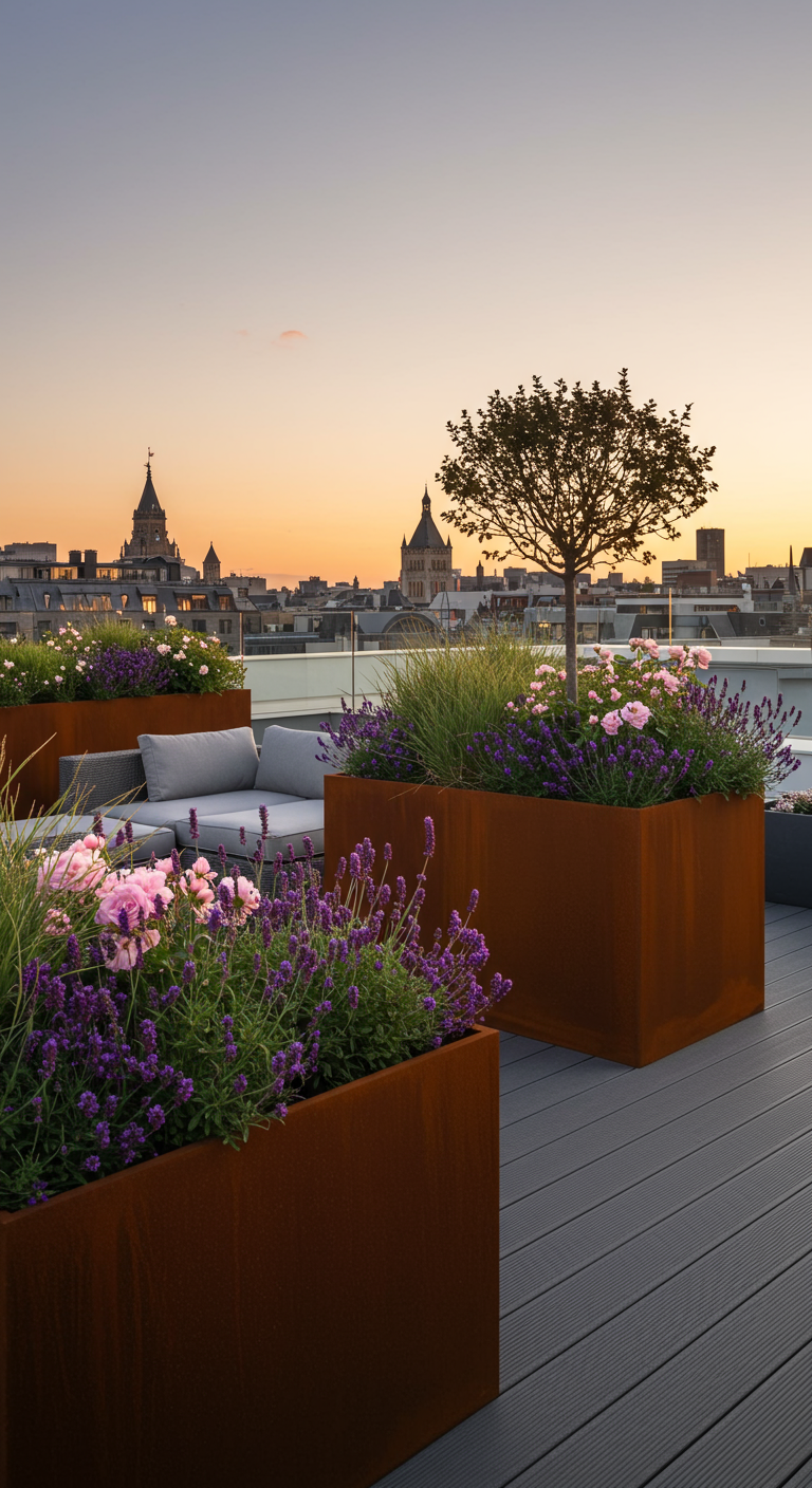 Dachterrasse mit Cortenstahl-Pflanzkübeln, gefüllt mit Rosen und Lavendel, im Abendlicht.