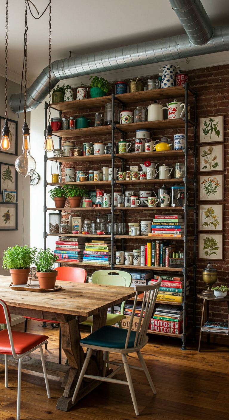 Industrielles Regal in Küche mit Backsteinwand, gefüllt mit Geschirr und Kochbüchern.
