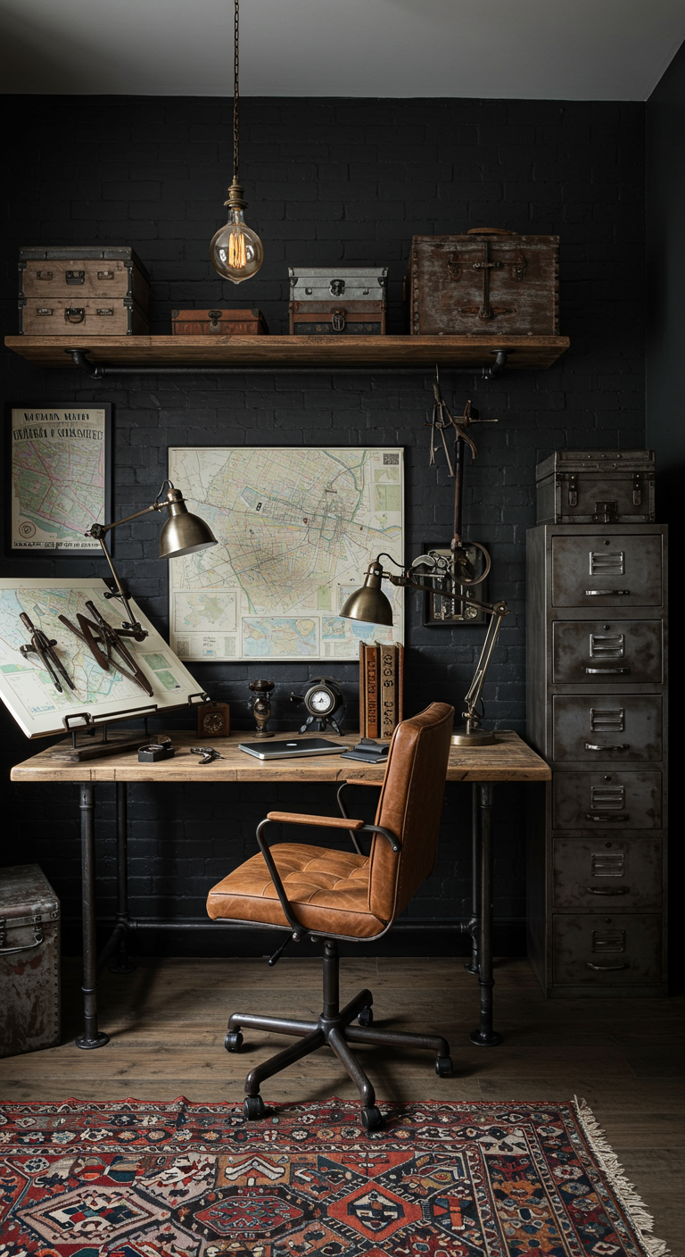 Home-Office im Industrial-Vintage-Stil mit dunklen Wänden und Lederstuhl.
