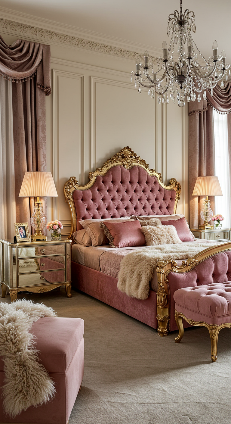 Luxuriöses Schlafzimmer in Rosa und Gold mit Samtbett und Kronleuchter.