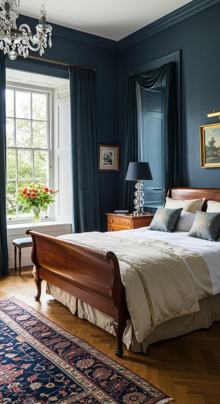 Traditionelles Schlafzimmer in Dunkelblau mit Holzbett und Kristallleuchter.