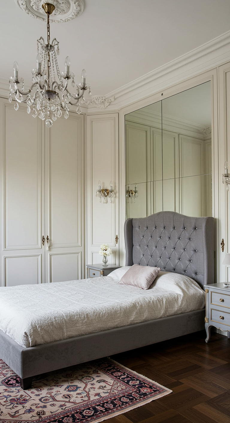 Elegantes Schlafzimmer mit grauem Polsterbett, Kristallleuchter und Spiegelschrank.