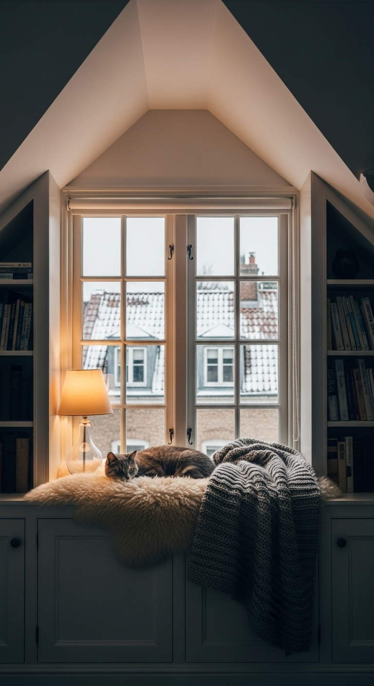 Katze auf Schaffell auf Fensterbank unter Dachschräge, flankiert von Bücherregalen.