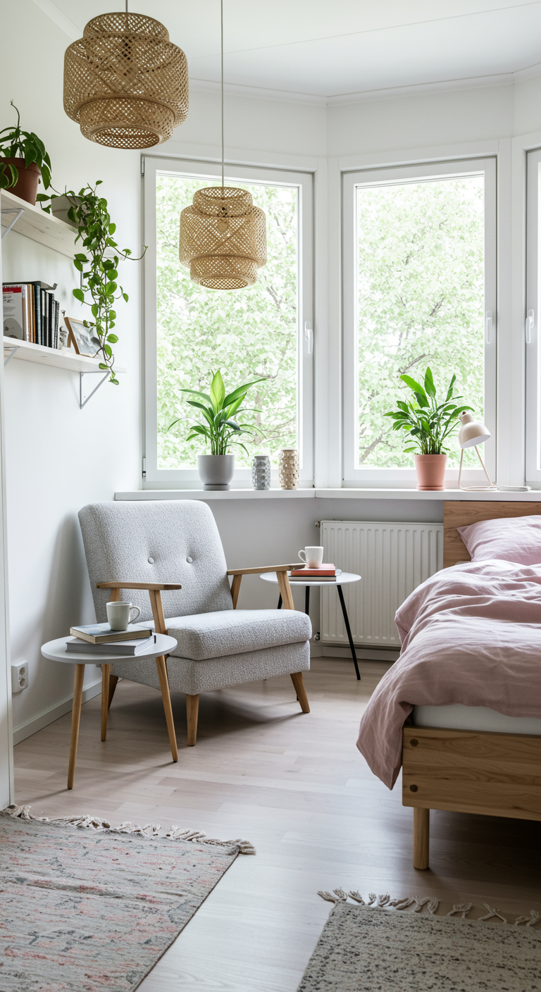 Helles skandinavisches Schlafzimmer mit Lesesessel am Fenster und rosa Bettwäsche.