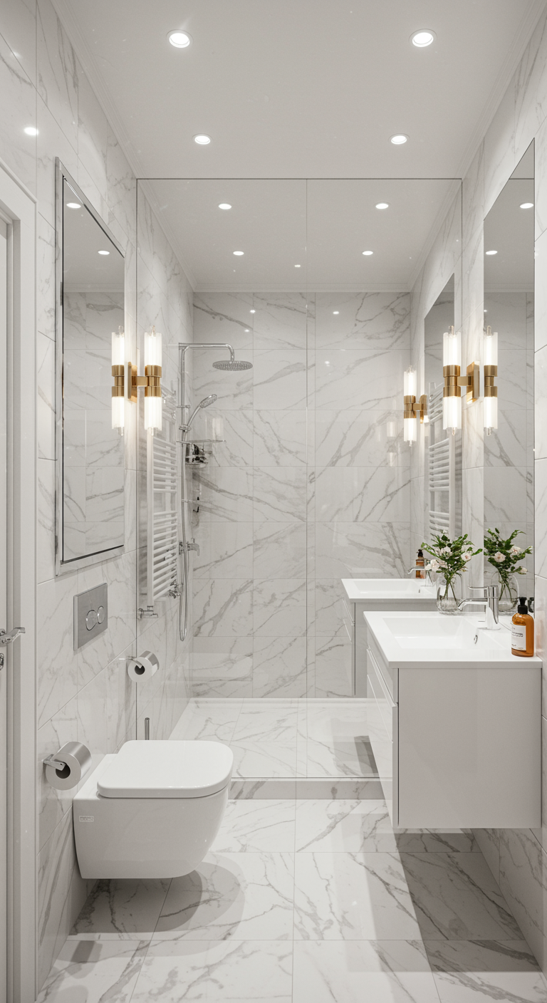 Luxuriöses Badezimmer mit Marmorfliesen und goldenen Wandleuchten.