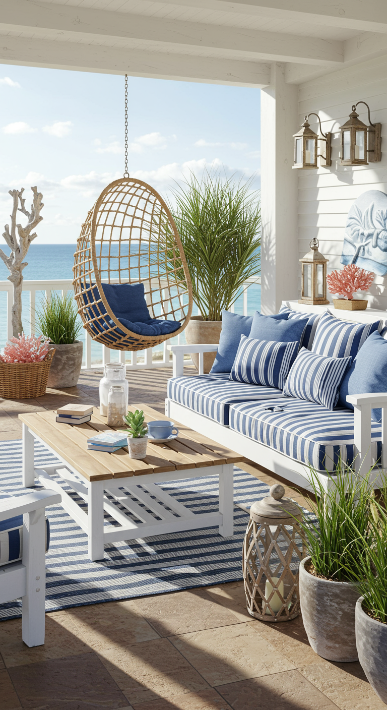 Weißes Holzsofa mit blau-weiß gestreiften Kissen und Hängesessel auf Terrasse mit Meerblick.