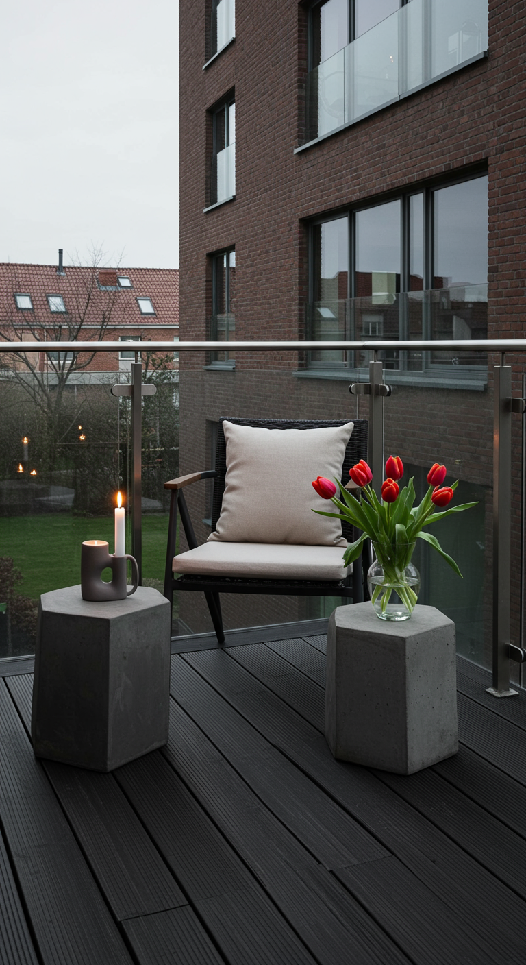 Moderner Balkon mit schwarzem Sessel, Beton-Beistelltischen und roten Tulpen.