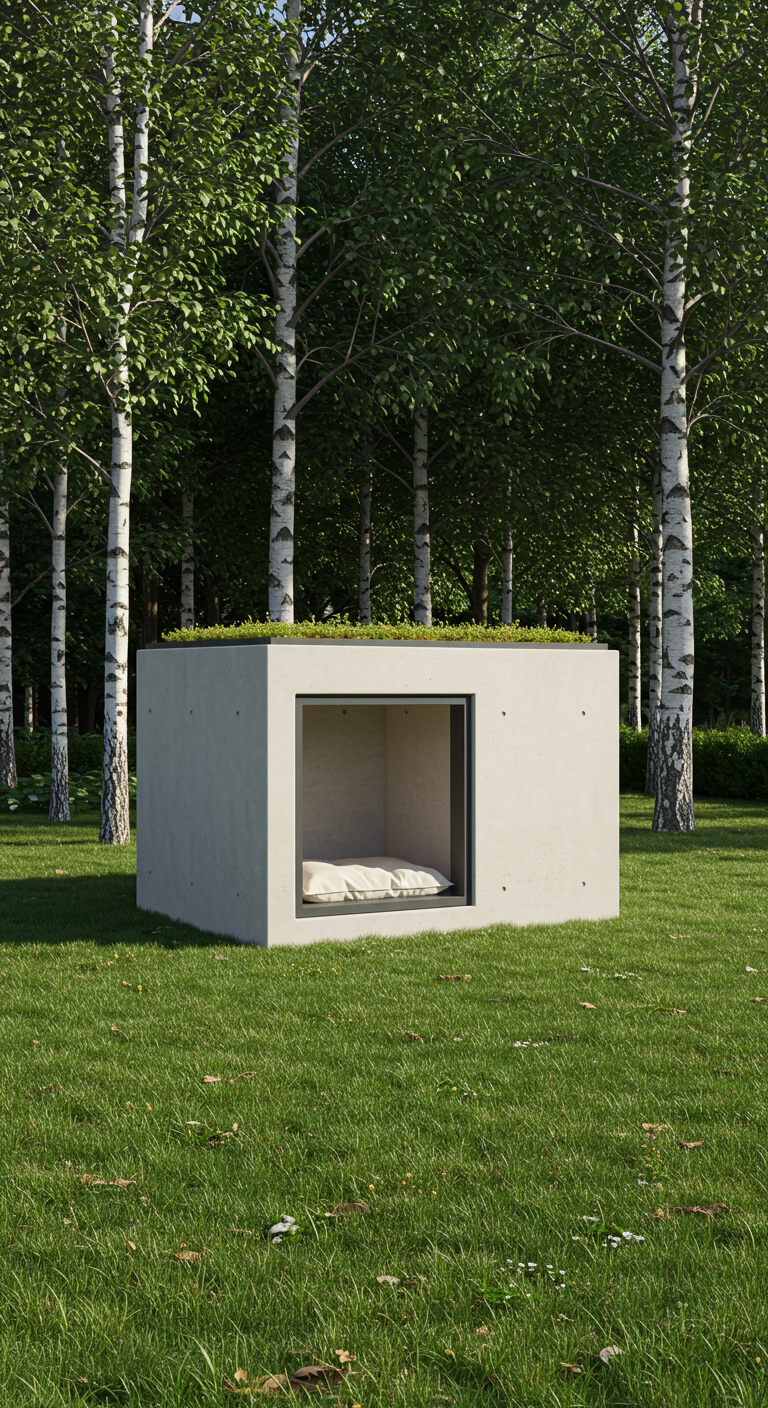 Moderne Hundehütte aus Beton mit Grasdach in einem grünen Garten, umgeben von Birken.