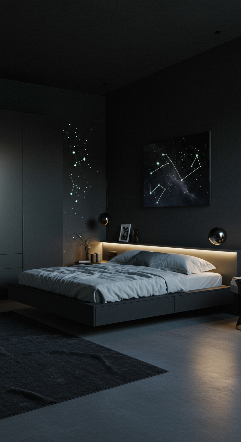 Dunkles, minimalistisches Schlafzimmer mit Sternenkonstellation an der Wand und indirekter Beleuchtung.