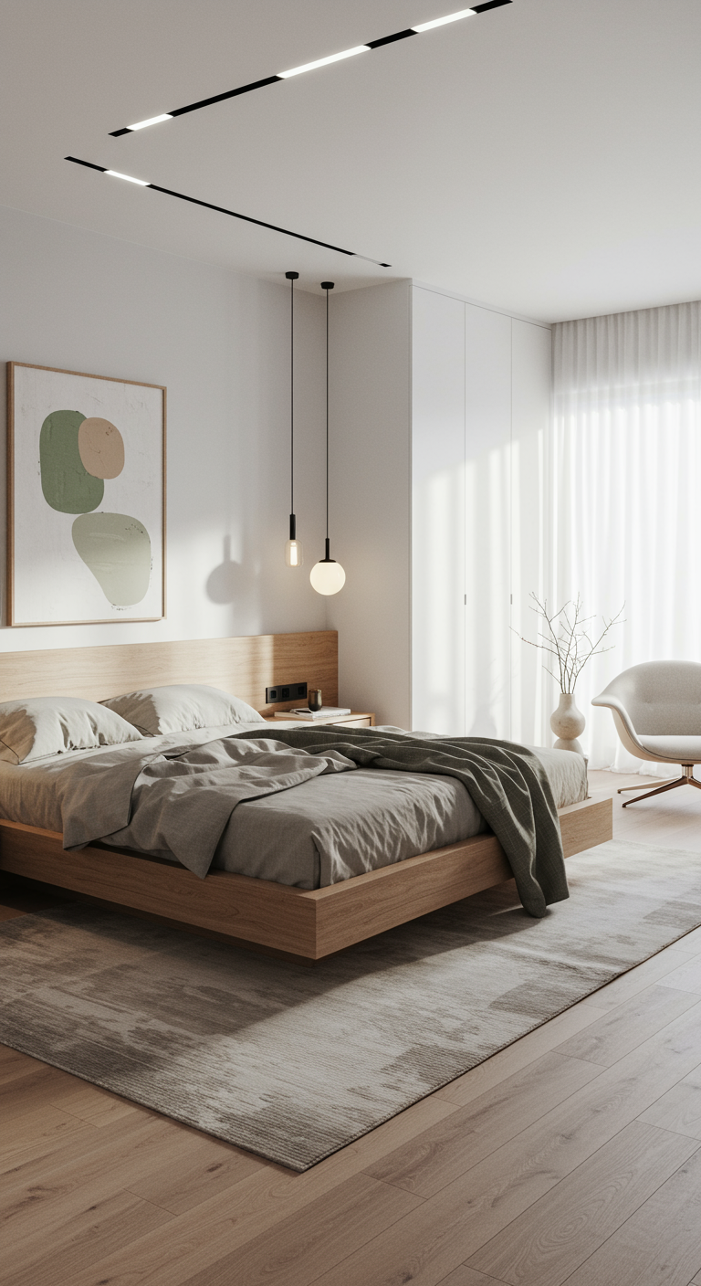 Minimalistisches Schlafzimmer mit hellem Holzbett, weißem Interieur und abstraktem Bild.
