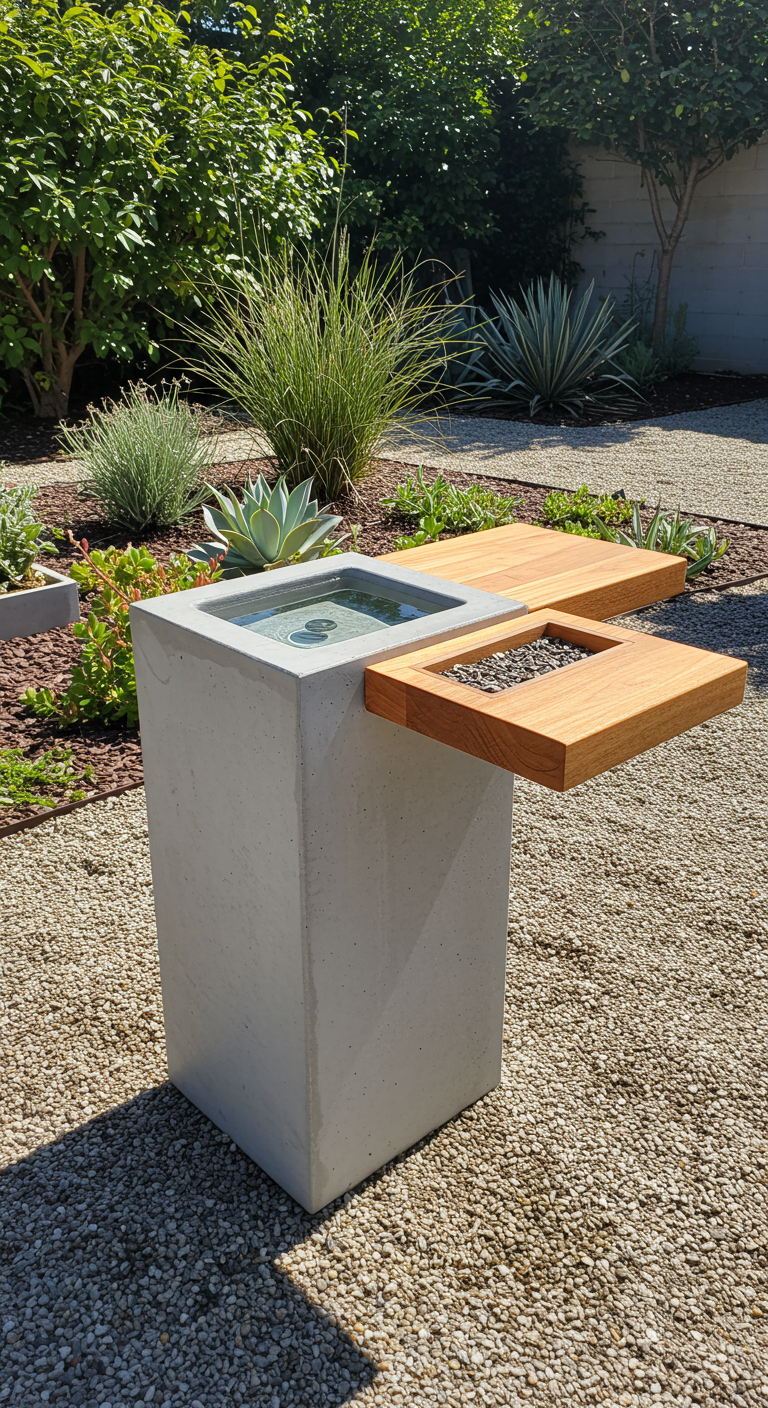 Moderner Betonpfeiler mit integrierter Wasserstelle und Holzfutterfläche im Kieselgarten.